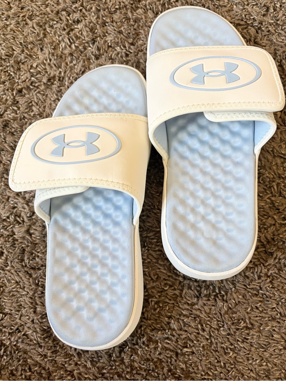 Under Armour Kids White and Light Blue Slide Sandals with Logo